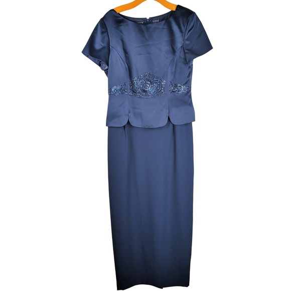 Liz Claiborne 90s Beaded Satin Peplum Column Maxi Dress 10 Navy Blue Formal Gown — photo 2